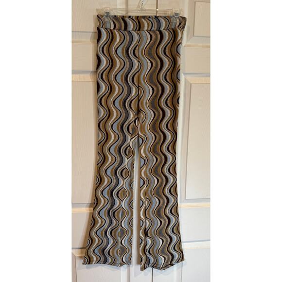 Wavy Pattern Flare Pants Brown Blue Beige Retro Style Trousers - Picture 3 of 7